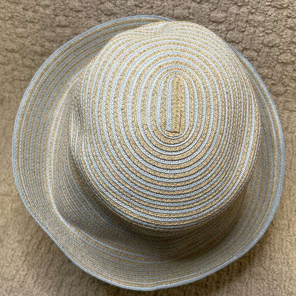 Eric Javits Blue Tan Woven Straw Trilby Sun Hat OS Turn Up Brim Packable Travel main image 7